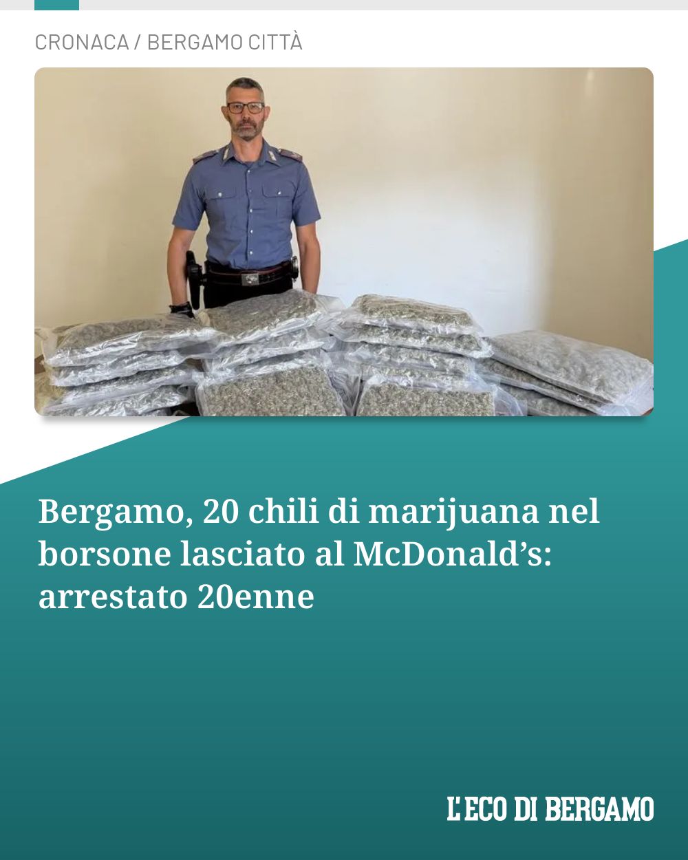 Post Instagram @ecodibergamo: Bergamo, 20 chili di marijuana nel borsone lasciato al McDonald’s: arrestato 20enne...