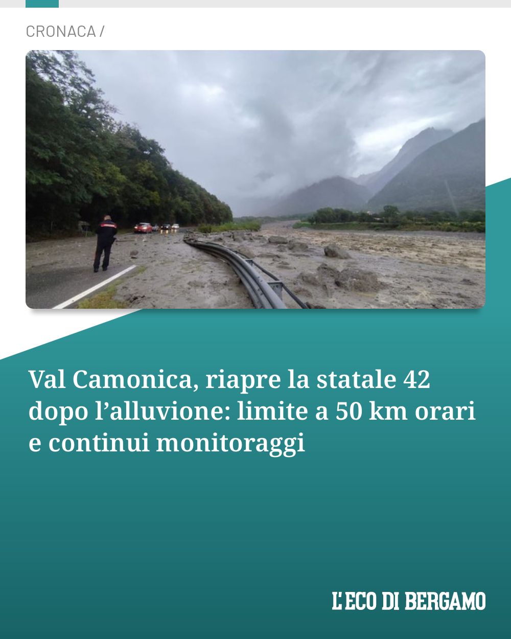 Post Instagram @ecodibergamo: Val Camonica, riapre la statale 42 dopo l’alluvione: limite a 50 km orari e continui monitoraggi...