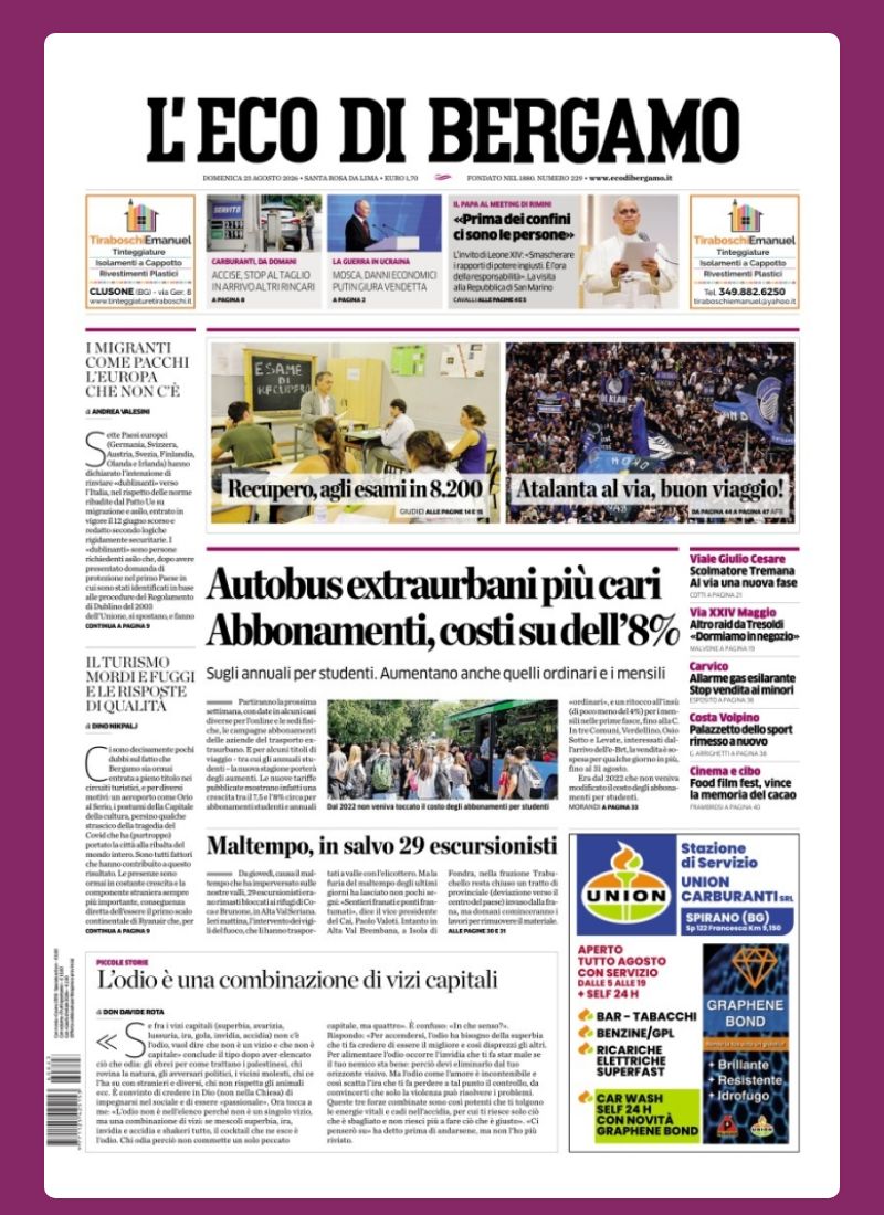 Post Instagram @ecodibergamo: Buongiorno dalla redazione con la prima pagina de L'Eco di Bergamo di oggi...