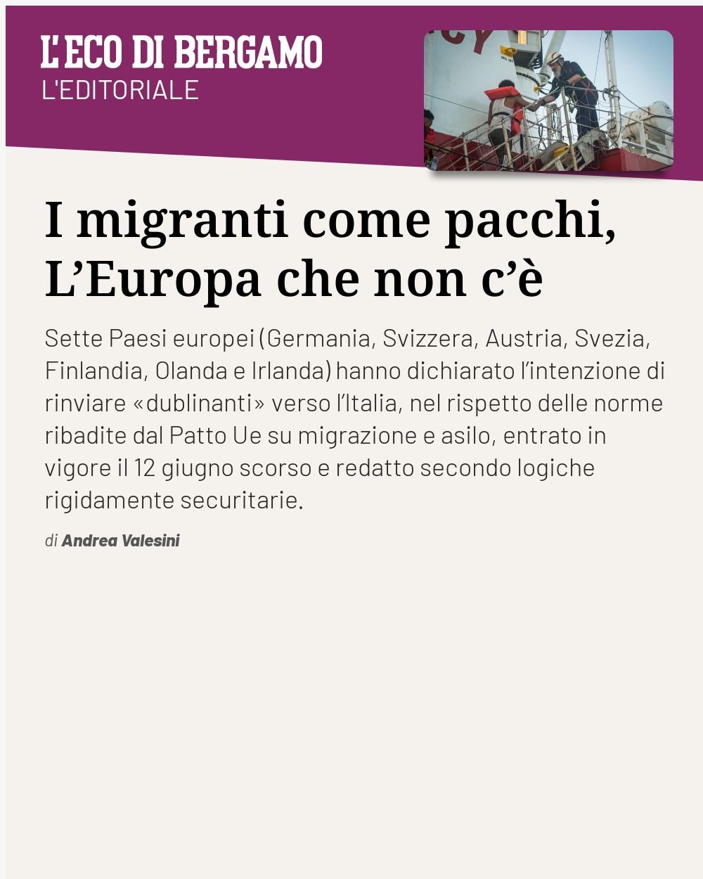 Post Instagram @ecodibergamo: I migranti come pacchi, L’Europa che non c’è...