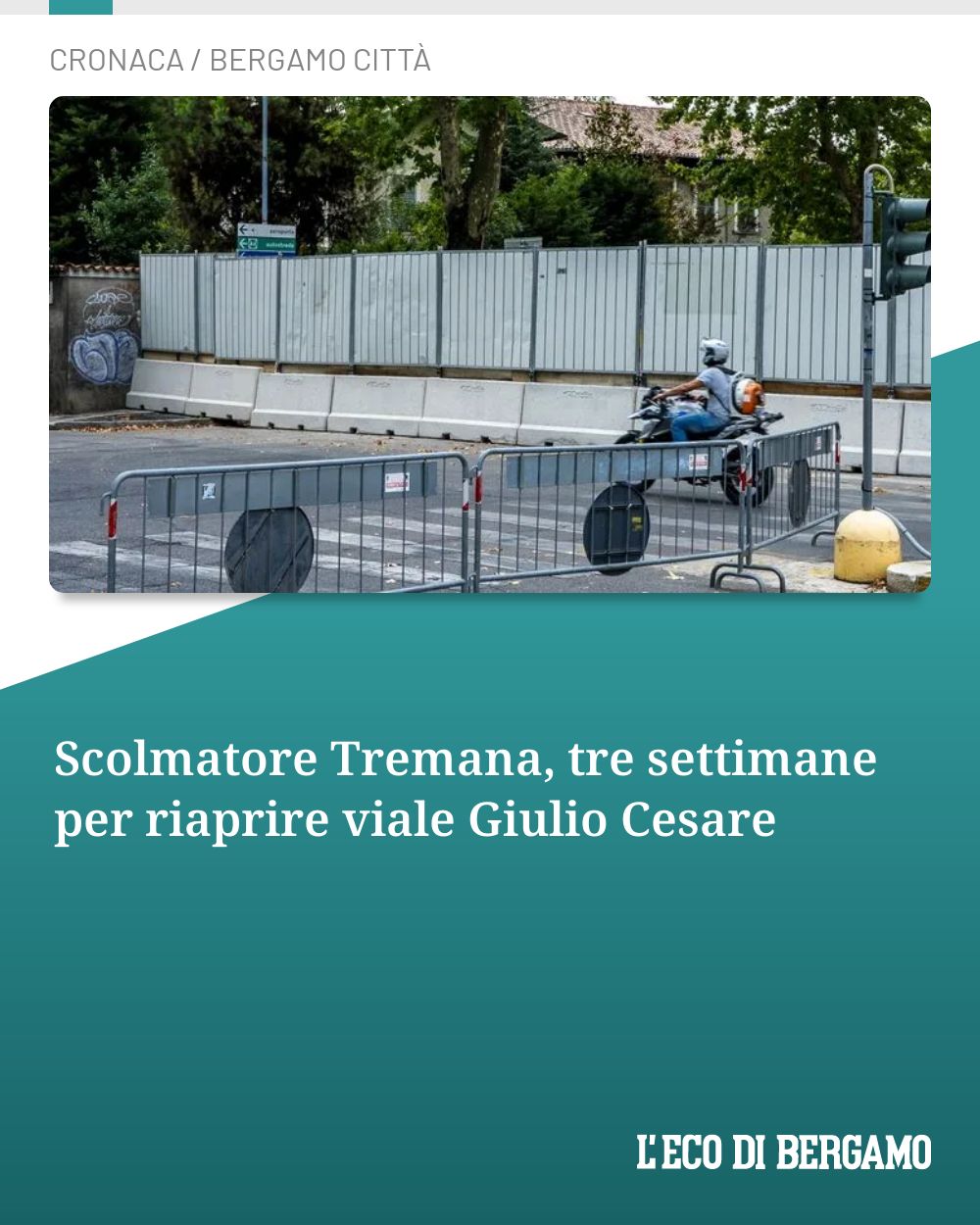 Post Instagram @ecodibergamo: Scolmatore Tremana, tre settimane per riaprire viale Giulio Cesare...