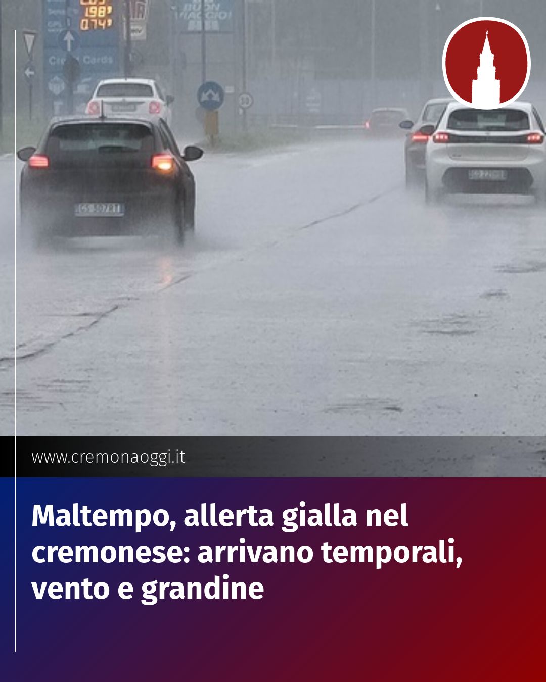 Post Instagram @Cremona_Oggi: Maltempo, allerta gialla nel cremonese: arrivano temporali, vento e grandine...