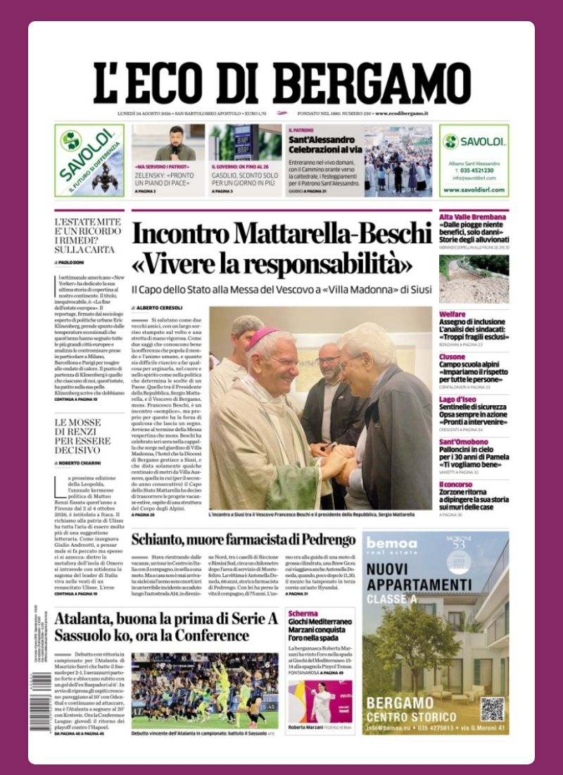 Post Instagram @ecodibergamo: Buongiorno dalla redazione con la prima pagina de L'Eco di Bergamo di oggi...