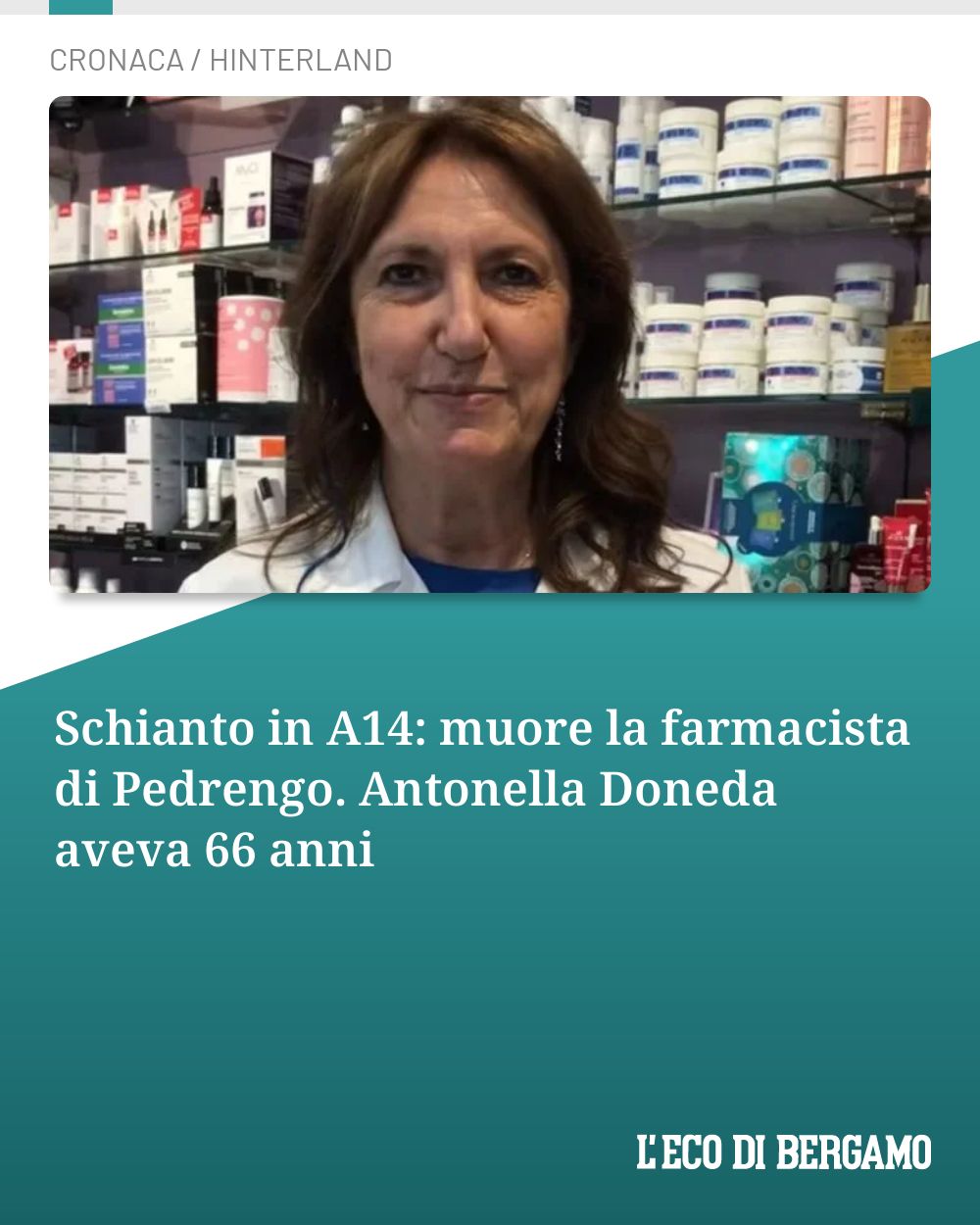 Post Instagram @ecodibergamo: Schianto in A14: muore la farmacista di Pedrengo. Antonella Doneda aveva 66 anni...
