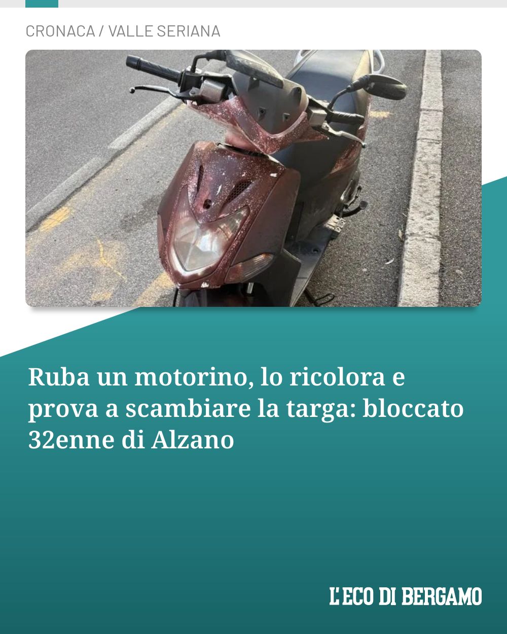Post Instagram @ecodibergamo: Ruba un motorino, lo ricolora e prova a scambiare la targa: bloccato 32enne di Alzano...