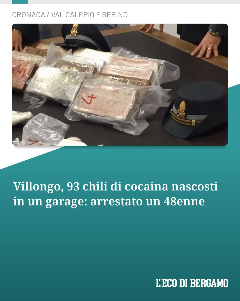 Post Instagram @ecodibergamo: Villongo, 93 chili di cocaina nascosti in un garage: arrestato un 48enne...