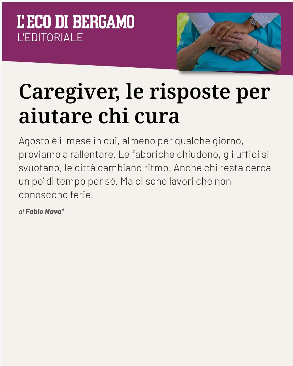Post Instagram @ecodibergamo: Caregiver, le risposte per aiutare chi cura...