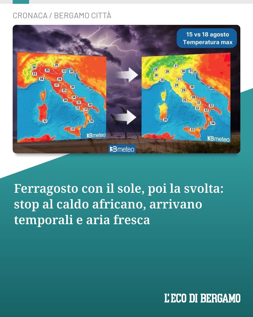 Post Instagram @ecodibergamo: Ferragosto con il sole, poi la svolta: stop al caldo africano, arrivano temporali e aria fresca...