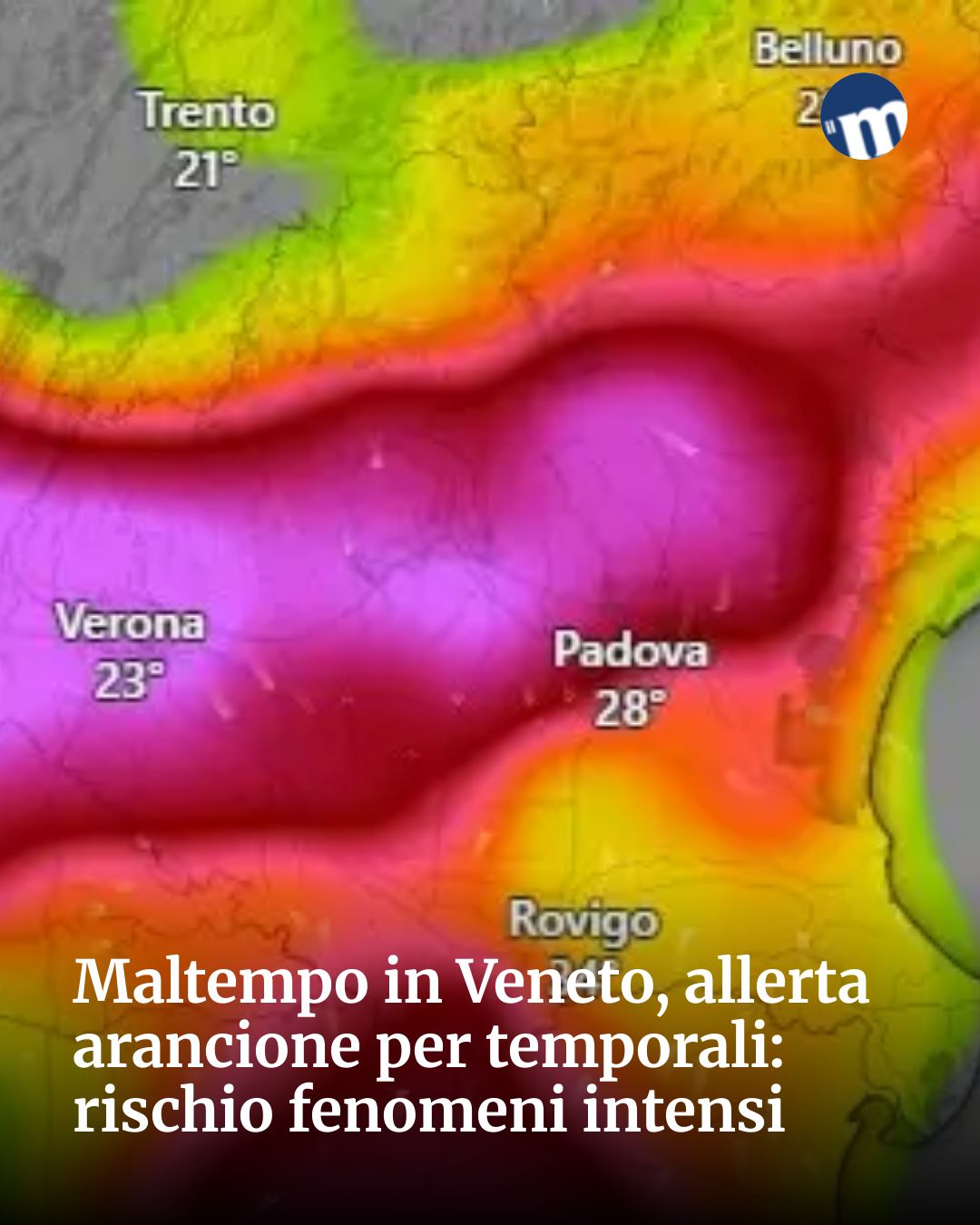 Post Instagram @socialbeat.test: Maltempo in Veneto, allerta arancione per temporali: rischio fenomeni intensi...