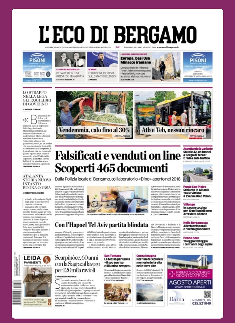 Post Instagram @ecodibergamo: Buongiorno dalla redazione con la prima pagina de L'Eco di Bergamo di oggi...