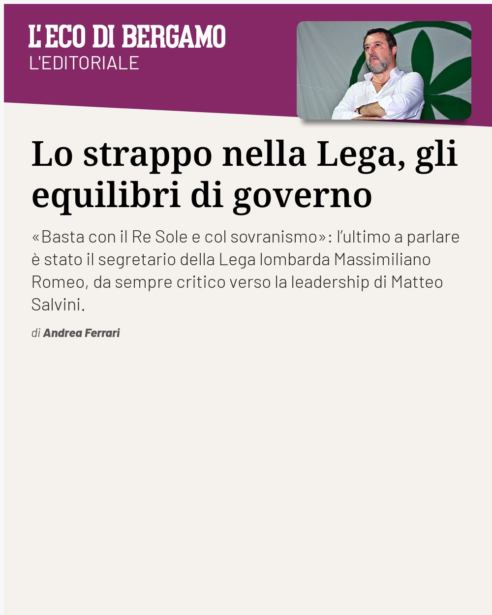 Post Instagram @ecodibergamo: Lo strappo nella Lega, gli equilibri di governo...