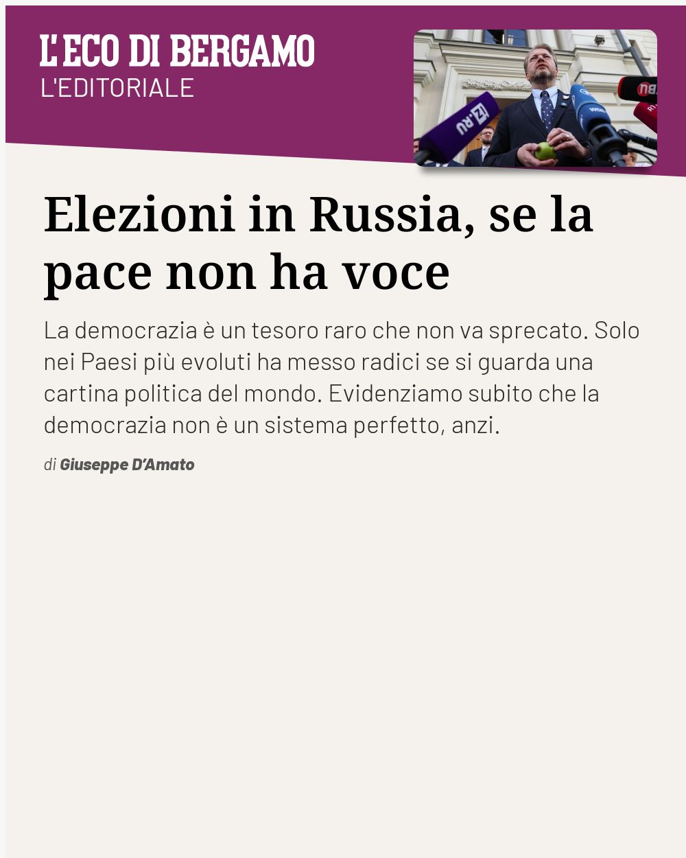 Post Instagram @ecodibergamo: Elezioni in Russia, se la pace non ha voce...