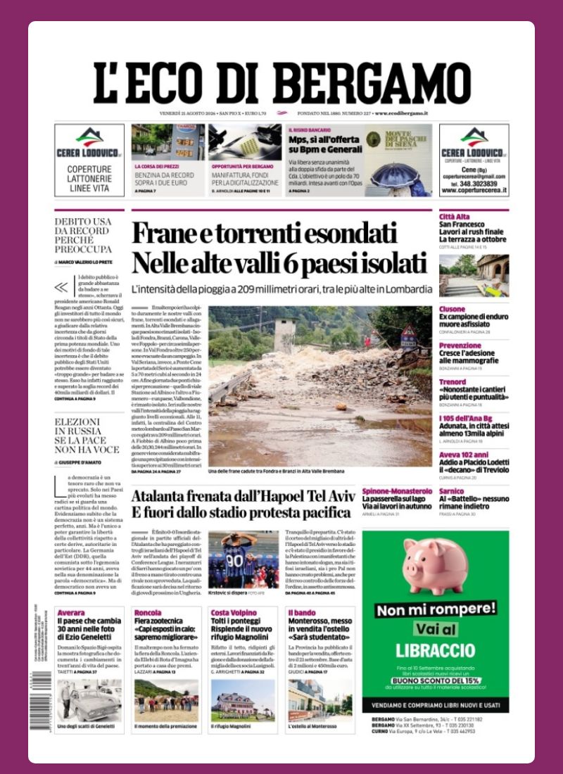 Post Instagram @ecodibergamo: Buongiorno dalla redazione con la prima pagina de L'Eco di Bergamo di oggi...