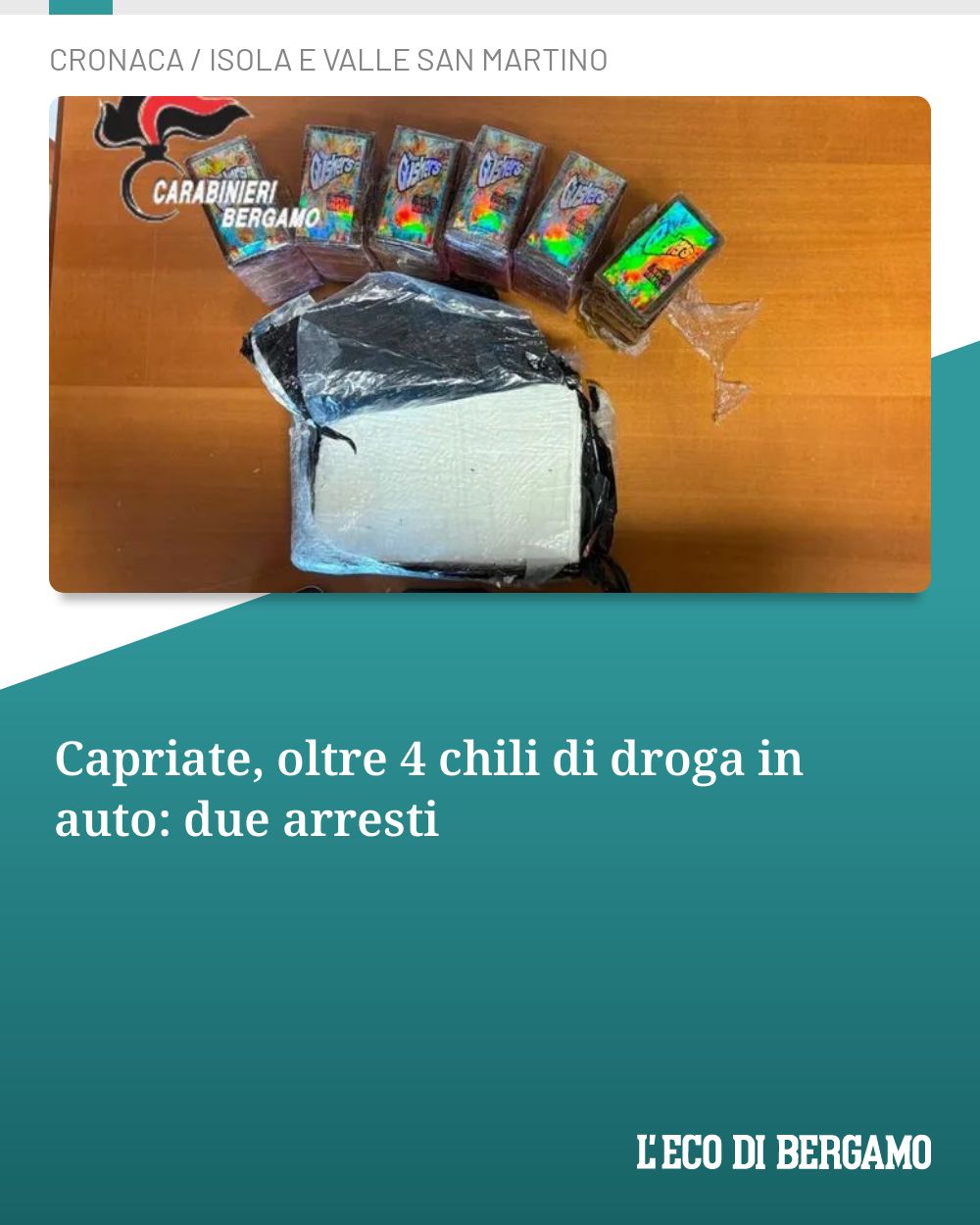 Post Instagram @ecodibergamo: Capriate, oltre 4 chili di droga in auto: due arresti...