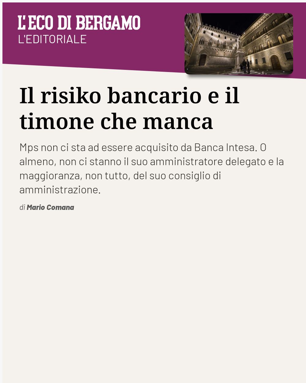 Post Instagram @ecodibergamo: Il risiko bancario e il timone che manca...