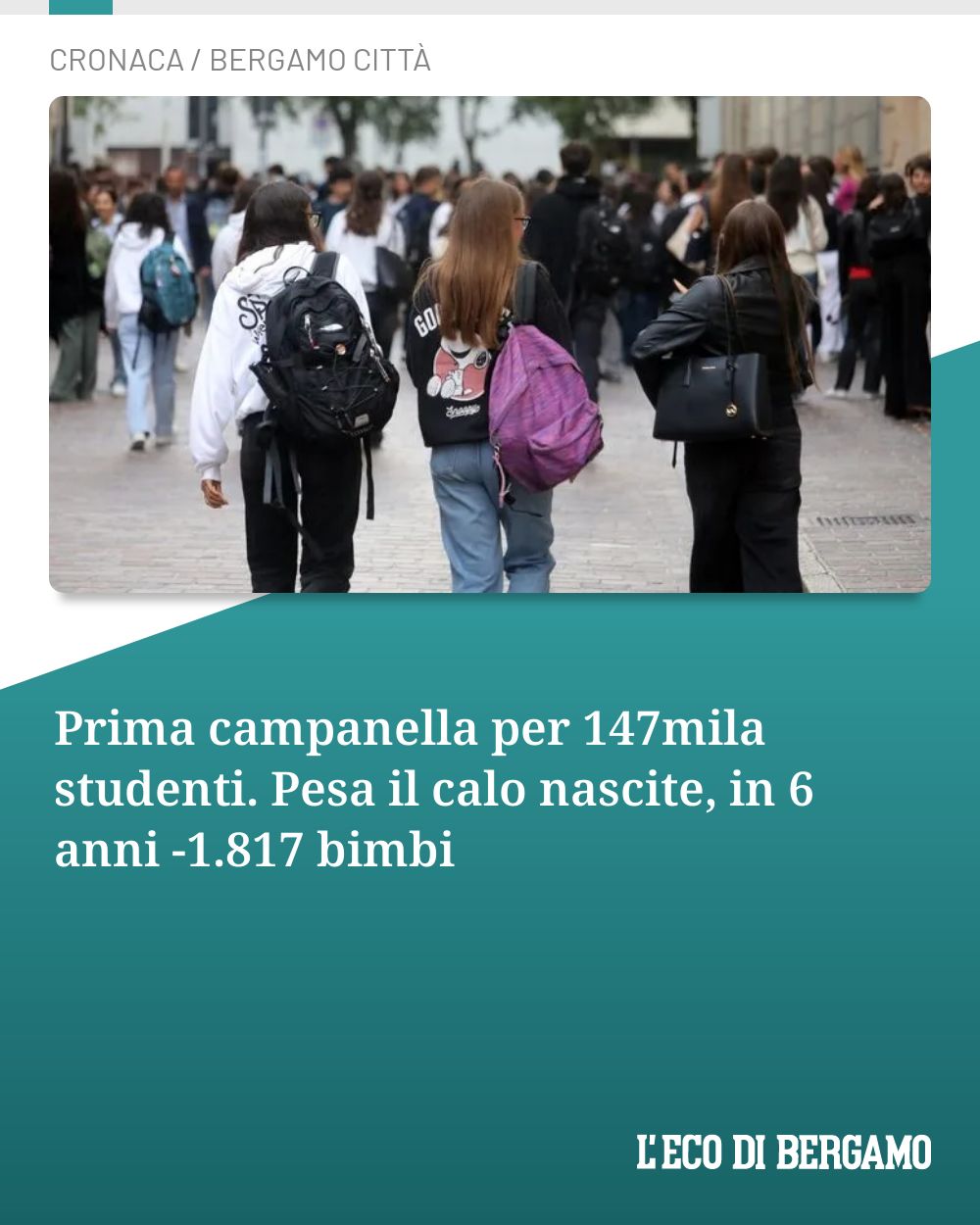 Post Instagram @ecodibergamo: Prima campanella per 147mila studenti. Pesa il calo nascite, in 6 anni -1.817 bimbi...