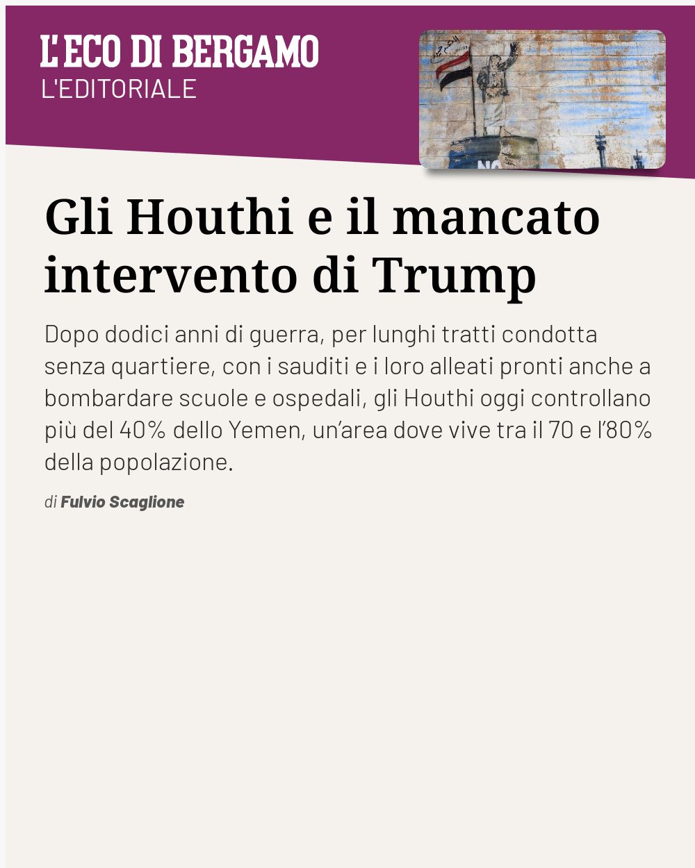 Post Instagram @ecodibergamo: Gli Houthi e il mancato intervento di Trump...