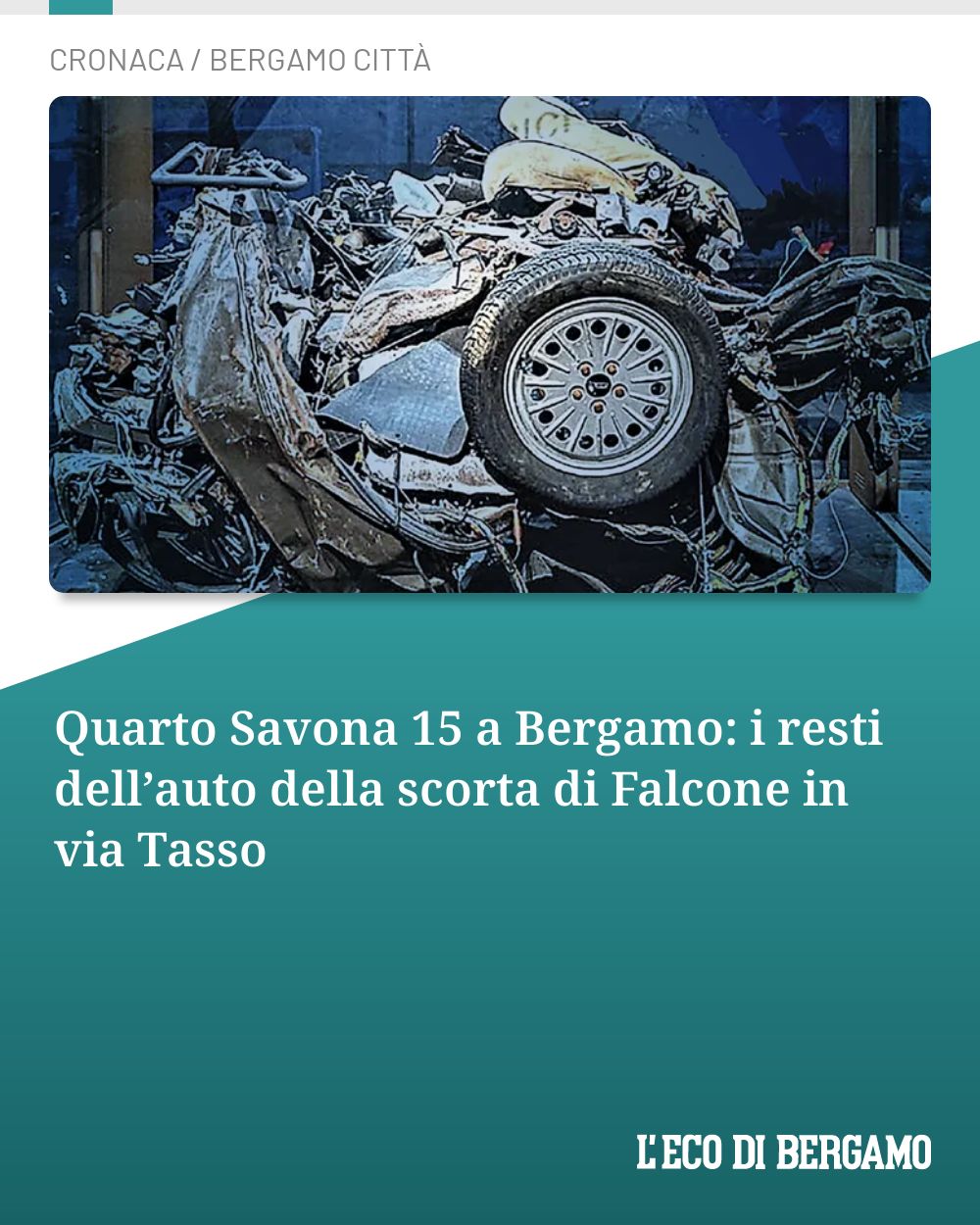 Post Instagram @ecodibergamo: Quarto Savona 15 a Bergamo: i resti dell’auto della scorta di Falcone in via Tasso...