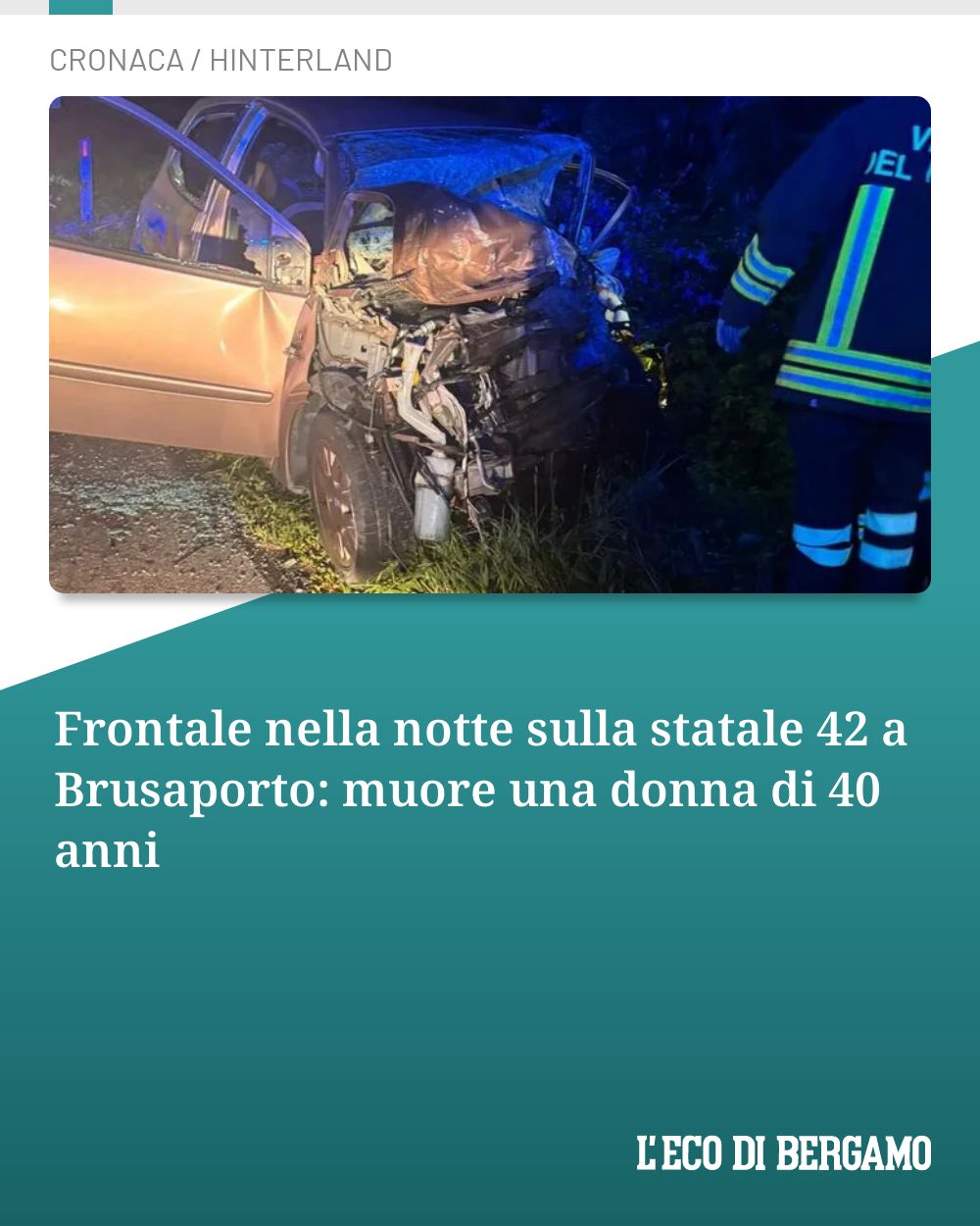 Post Instagram @ecodibergamo: Frontale nella notte sulla statale 42 a Brusaporto: muore una donna di 40 anni...