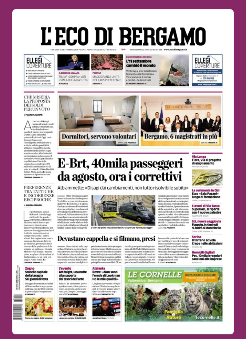 Post Instagram @ecodibergamo: Buongiorno dalla redazione con la prima pagina de L'Eco di Bergamo di oggi...