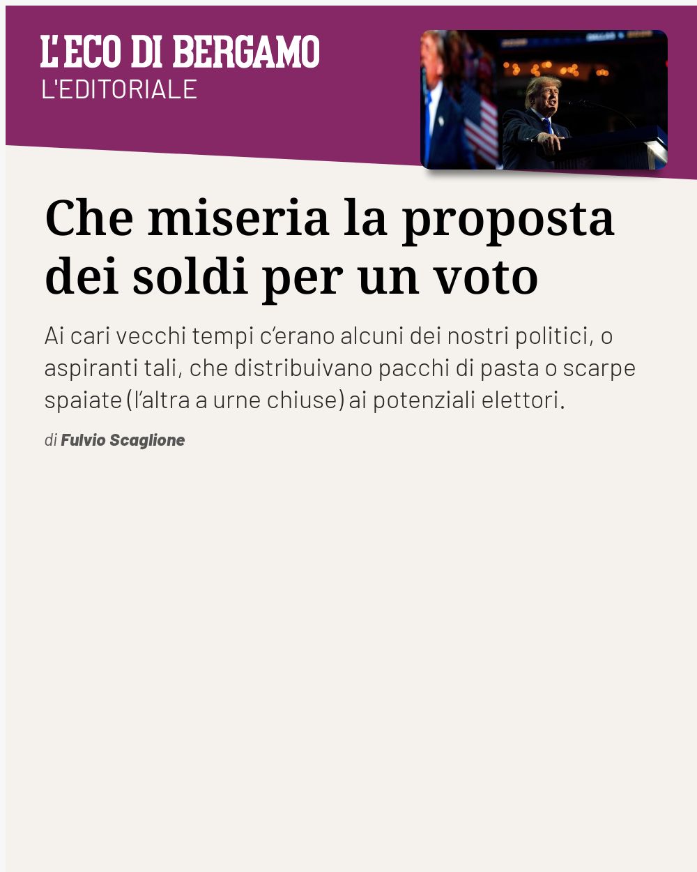 Post Instagram @ecodibergamo: Che miseria la proposta dei soldi per un voto...