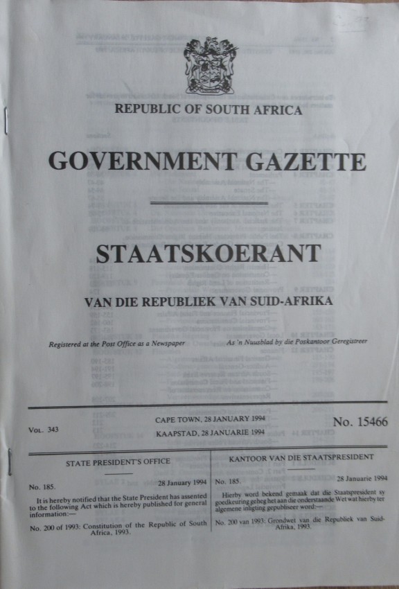 Government Gazette. Volume 343. No.15466 Cape Town 28th January 1994