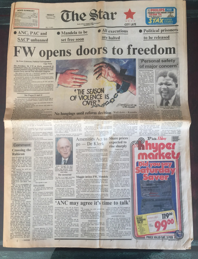 The Star, Johannesburg, 2 February 1990. "fw Opens Doors To Freedom"; "mandela To Be Set Free