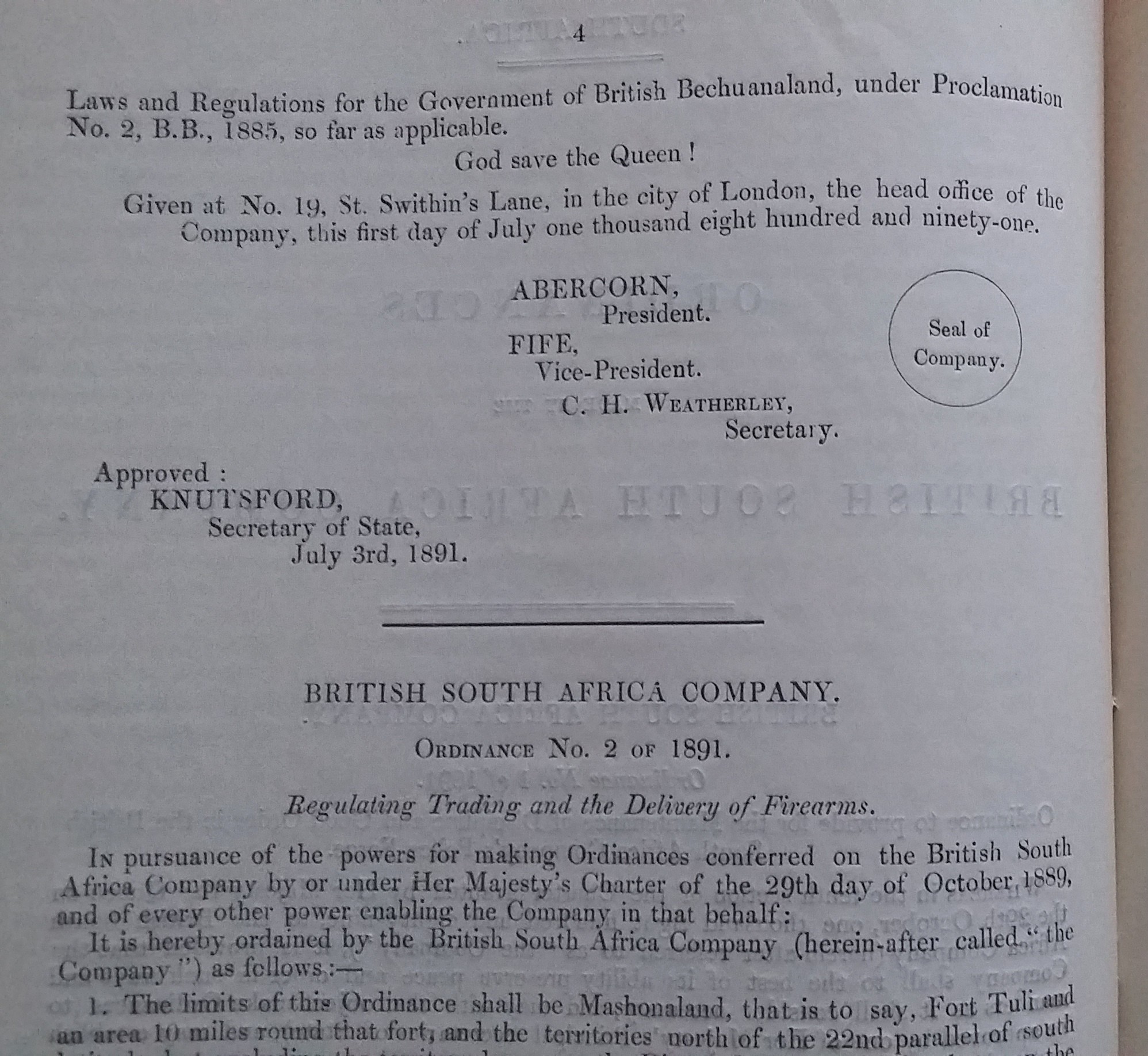 South Africa. Ordinances Made By The British South Africa Company (1892