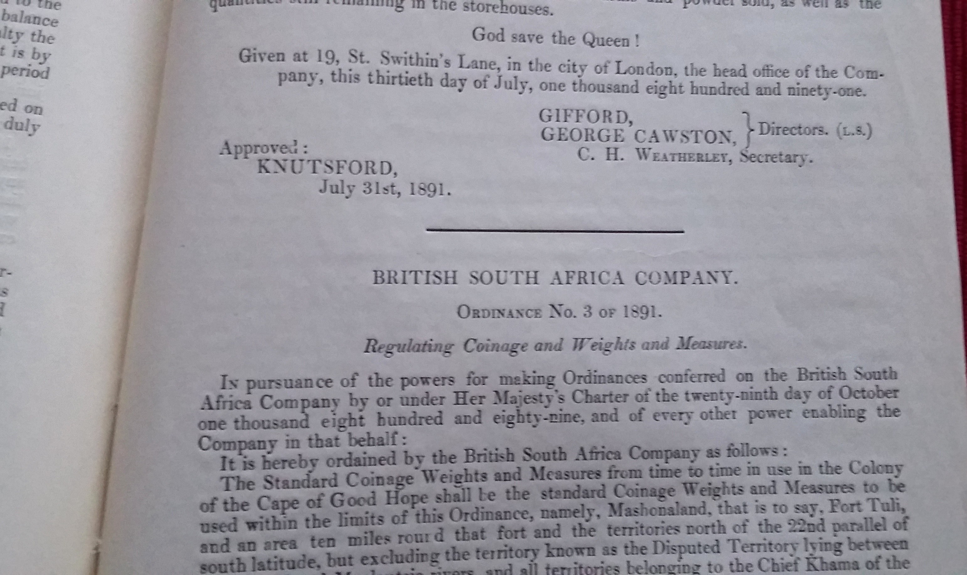 South Africa. Ordinances Made By The British South Africa Company (1892