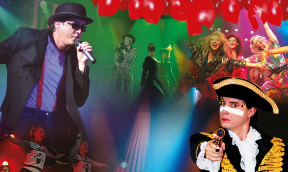 A colourful, collage image of all the artists and performers of the 80s Mania show. Featuring George Michael, Adam Ant, Madness and more