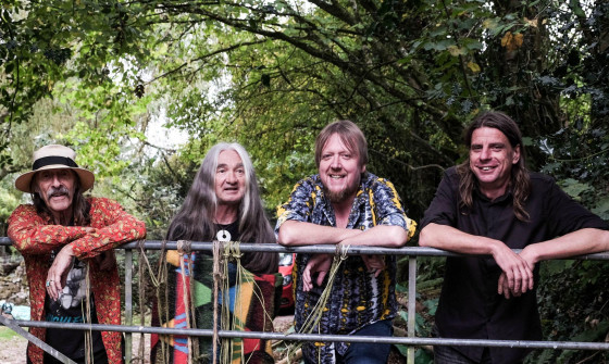 The four members of Hawkwind stand behind a railing in a woodland setting in colourful clothing.