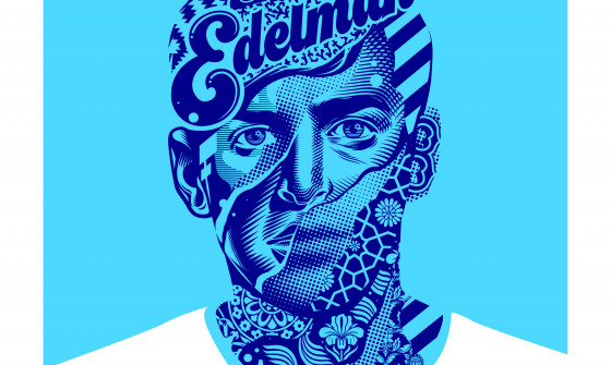 An illustration of Alex Edelman in light and navy blue