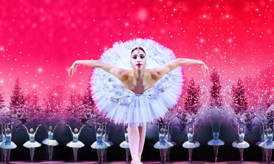 A ballerina in a white tutu poses in front of a scenic pink winter setting. Ballerinas line up in the background.