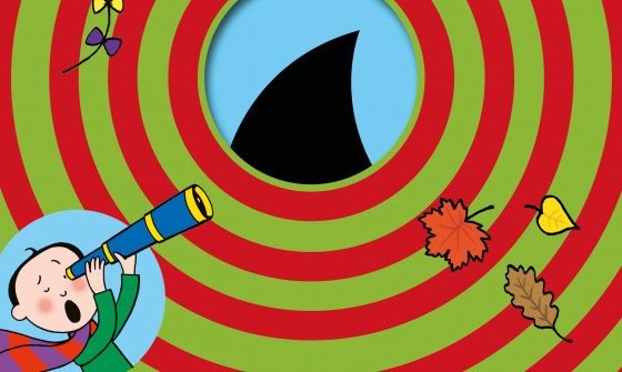 A young boy looks through a telescope to see the fin of a shark. There is also a crab, some autumn leaves and a kite. The illustration is by Nick Sharratt.