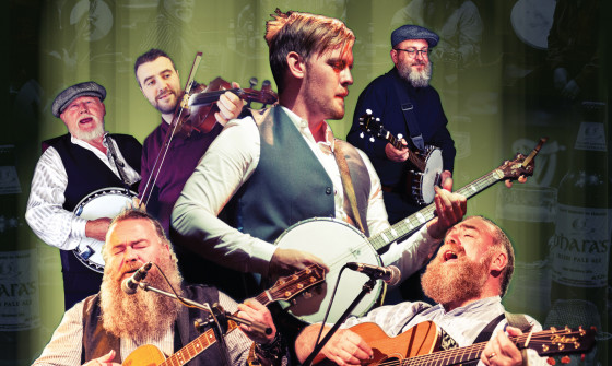 The performers of Seven Drunken Nights play their instruments in this photo collage