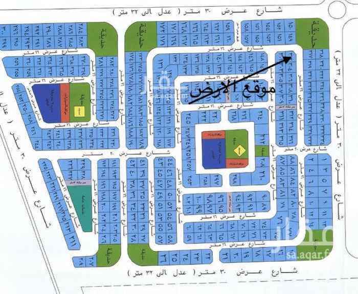 1759082 الارض رقم 302 موقعها على زاوية شارعين شمالي وشرقي عرض الشارع 16 م مقابل الارض حديقة الحي نسبة العمران اكثر من 60٪ معتمد السفلته والاناره وجميع الخدمات من قبل البلدية