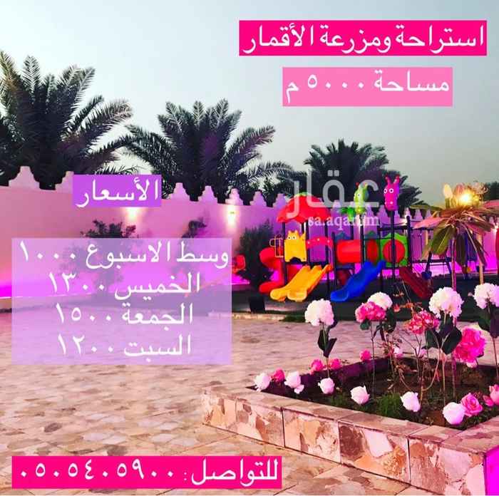 1570035 قسمين
القسم الاول (( رجال )) ويتكون من :-
مجلس كبير
مقلط كبير
خيمة جديدة كبيرة
ثلاث دورات مياة
جلسة خارجية فخمة مع رذاذ
مشب
مطبخ
ملعب
مسبح كبير
مسبح صغير
شواية
برميل مندي كبير
مسلخ ذبائح
القسم الثاني (( نسائي )) ويتكون من :-
ألعاب اطفال متعدده ومتنوعة
نطيطة
مقلط
جلسة خارجية مع رذاذ
مسطحات خضراء كبيرة
مجلس
مقلط
صاله
مطبخ
ثلاث دورات مياه
برميل مندي كهربائي
سماعة حفلات كبيرة