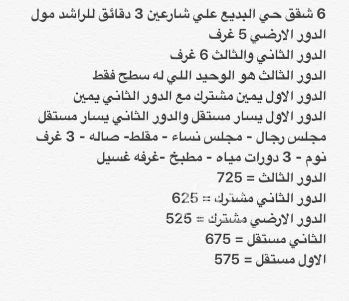 1594588 6 شقق حي البديع علي شارعين 3 دقائق للراشد مول
الدور الارضي 5 غرف
الدور الثاني والثالث 6 غرف
الدور الثالث هو الوحيد اللي له سطح فقط
الدور الاول يمين مشترك مع الدور الثاني يمين
الدور الاول يسار مستقل والدور الثاني يسار مستقل
مجلس رجال - مجلس نساء - مقلط- صاله - 3 غرف نوم - 3 دورات مياه - مطبخ -غرفه غسيل
الدور الثالث = 725
الدور الثاني مشترك = 625
الدور الارضي مشترك = 525
الثاني مستقل = 675
الاول مستقل = 575