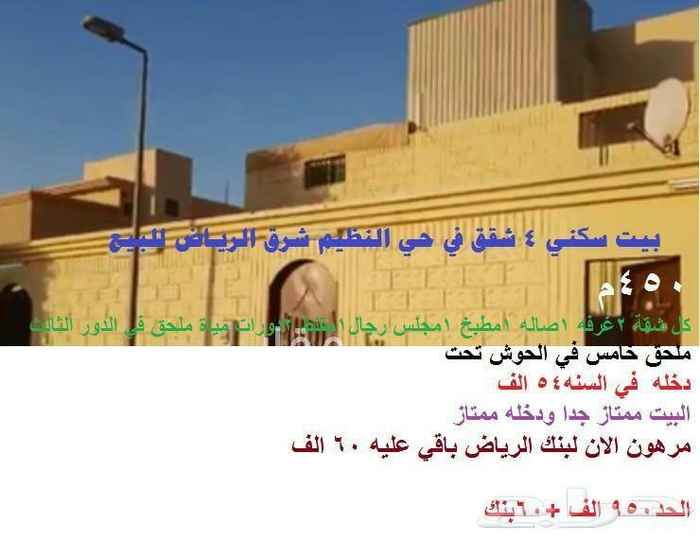 1546315 بيت سكني 4 شقق في حي النظيم شرق الرياض للبيع
البيت في موقع ممتاز جدا مطل على الحي
المساحه 450
شارع 15م
4 شقق
شقتين تحت وشقتين فوق
كل شقة 2غرفه 1صاله 1مطبخ 1مجلس رجال1مقلط 2دورات مياة
ملحق في الدور الثالث
ملحق خامس في الحوش تحت
عمرة 8سنوات
مستاجر الان
دخله الشهري 4500
دخل السنوي ٥٤الف
مرهون الان لبنك الرياض باقي عليه 60 الف
الحد950 الف +60بنك
التواصل علي الواتس شغال علي ذا الرقم
٠٥٤٦٥٧٥٢٤٩