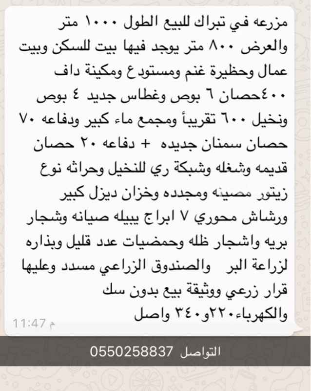 1251057 مزرعه في تبراك للبيع الطول ١٠٠٠ متر والعرض ٨٠٠ متر يوجد فيها بيت للسكن وبيت عمال وحظيرة غنم ومستودع ومكينة داف ٤٠٠حصان ٦ بوص وغطاس جديد ٤ بوص ونخيل ٦٠٠ تقريبأ ومجمع ماء كبير ودفاعه ٧٠ حصان سمنان جديده + دفاعه ٢٠ حصان قديمه وشغله وشبكة ري للنخيل وحراثه نوع زيتور مصينه ومجدده وخزان ديزل كبير ورشاش محوري ٧ ابراج يبيله صيانه وشجار بريه واشجار ظله وحمضيات عدد قليل وبذاره لزراعة البر والصندوق الزراعي مسدد وعليها قرار زرعي ووثيقة بيع بدون سك والكهرباء٢٢٠و٣٤٠ واصل