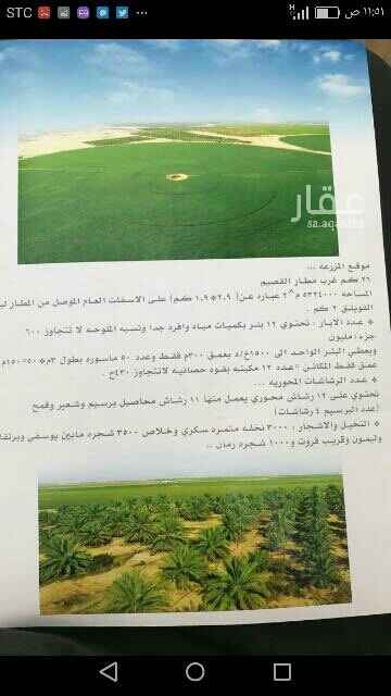 1495145 للبيع مزرعة بالقصيم الموقع غرب مطار القصيم 26 كيلو
المساحه 5 مليون و324 الف م تقريبا 3 كيلو * 2 كيلو على الطريق العام الموصل من المطار الى بلدة الفويلق
عدد الابار 12 بئر بكميات مياه وافره جدا
ويعطي البئر الواحد الى 1500خ/د بعمق 300م وعدد 50 ماسورة بطول 3م*50=150م عمق
المكائن عدد 12 مكينه
عدد الرشاشات المحورية 12 رشاش محوري يعمل منها 11 رشاش محاصيل برسيم وشعير وقمح
عدد البرسيم 4 رشاشات
النخيل والاشجار 3000 نخله مثمره سكري وخلاص
3500 شجره مابين يوسفي وبرتقال وليمون وقريب فروت1000شجرة رمان