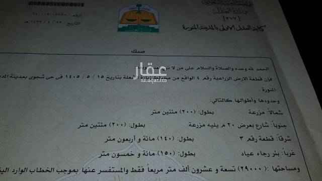 1434929 مزرعة للبيع خارج المدينة المنورة بحي شجوى بصك شرعي تبعد عن المدينة المنورة ١٠٠ ك.م ، فيها نخيل عجوه و روثانه و شلبي
يوجد بها بيت من القرميد من اربع غرف بملاحقها مؤثث
يوجد بها كهرباء عمومي وماء عمومي وبئر ماء به غطاس اربع بوصه .
المزرعه مسوره بالكامل .
للتواصل عبر الواتس والاتصال 0580038060