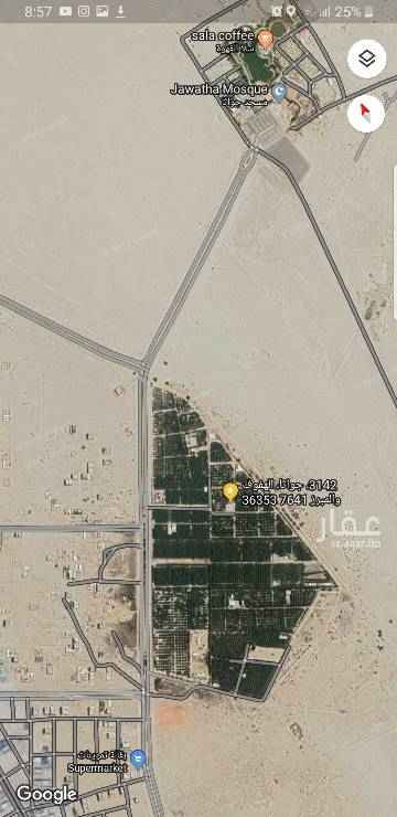 1609822 مزرعة بالقرب من مسجد جواثا التاريجي الاسلامي بالاحساء ، داخلة ضمن النطاع العمراني المرحلة الثانية ( مجمع سكني )
مساحة : ٦٠،٠٠٠ متر
عدد العيون :
٣ عين نيوجين
١ اعماق الخبر
عدد المسابح :
٢ مسبح
الشجر والثمار :
٢٠٠ شجرة ليمون مثمرة ٣٠٠ شجرة ليمون قابلة للإثمار وحوالي ١٤٠٠ نخلة ٩٠ بالمئة منها تمر اخلاص