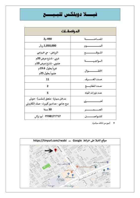 1289521 فيلا دوبلكس للبيع بحي الروابي
شارع حمد التويجري مع شارع ابن معالي
المساحة: 490 م2
السوم: 1,050,000 ريال
الواجهة: غربي، شارع عرض 20م - جنوبي، شارع عرض 10م
الأطوال: غرباً بطول 19.6م - جنوباً بطول 25م
عدد الغرف: 11
عدد المطابخ: 2
عدد دورات المياه: 5
العمر: 30 سنة
أخرى: مدخل سيارة – ملحق (مشب) – حوش
درج جانبي – عدادين كهرباء – صك إلكتروني
البيع من المالك مباشرة
ابو تركــي 0598171717