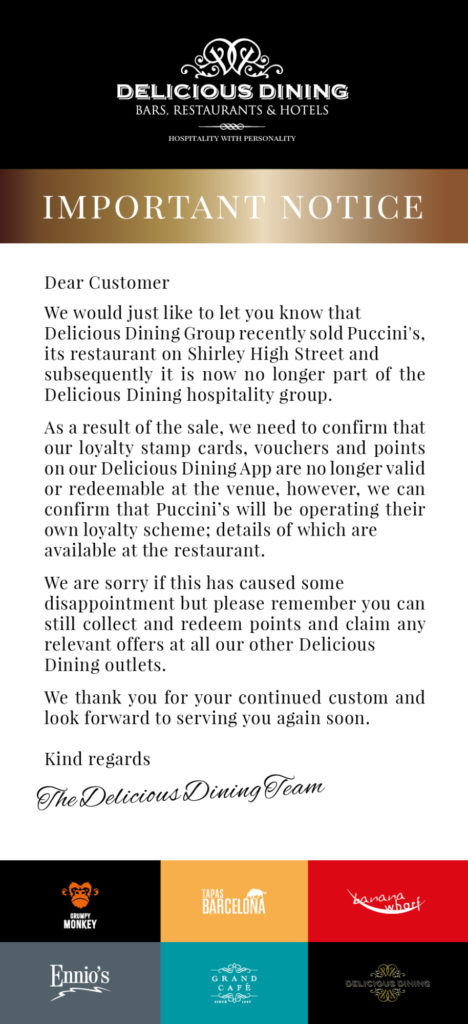 Newsletter Puccinis Important Notice
