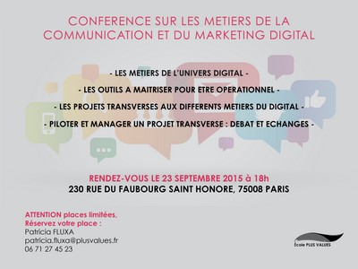 L&rsquo;&Eacute;cole Plus Values organise une Conf&eacute;rence  sur les m&eacute;tiers de la Communication et du Marketing Digital