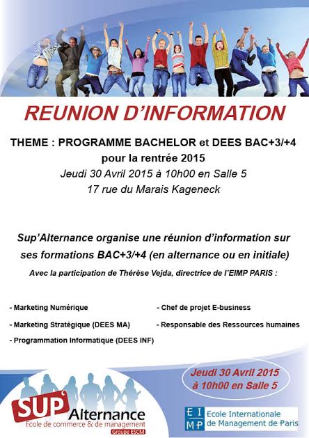 SUP’ALTERNANCE organise une réunion d’information et d’orientation jeudi 30 avril 2015 SUP’ALTERNANCE organise une réunion d’information et d’orientation jeudi 30 avril 2015