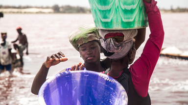 The salt harvesters of the Pink Lake