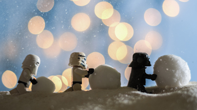 Santa Claus travels through galaxies to deliver presents to Star Wars characters