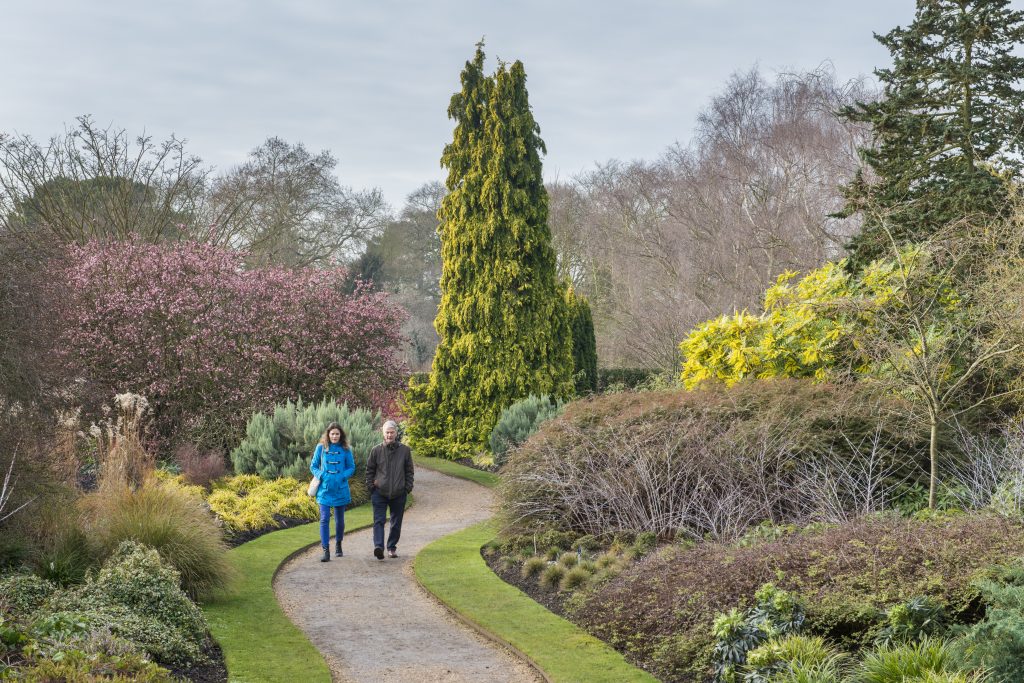 Two visitors walking through the Winter Garden.
